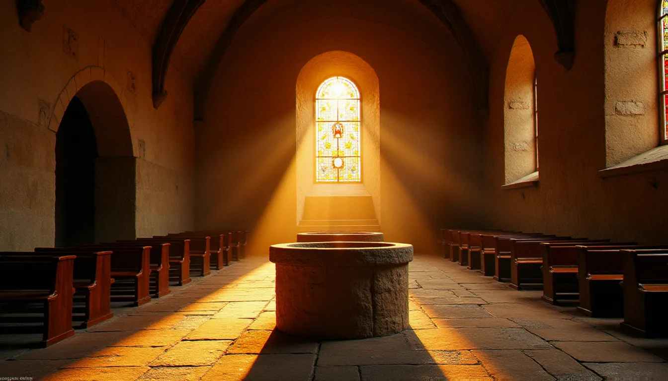 Chapelle romane baignée de lumière dorée avec fonts baptismaux en pierre, symbole de la transfiguration de la condition humaine par l'Incarnation dans la foi chrétienne
