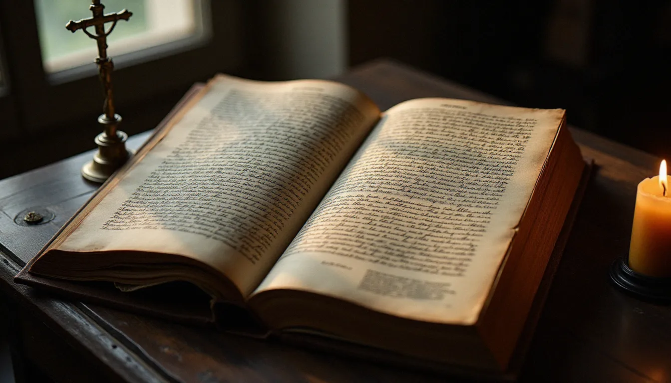 Vieux registre de confrérie ouvert, couvert de noms manuscrits du XVIIe siècle, posé sur une table en bois sombre à côté d'un crucifix en laiton et d'une bougie