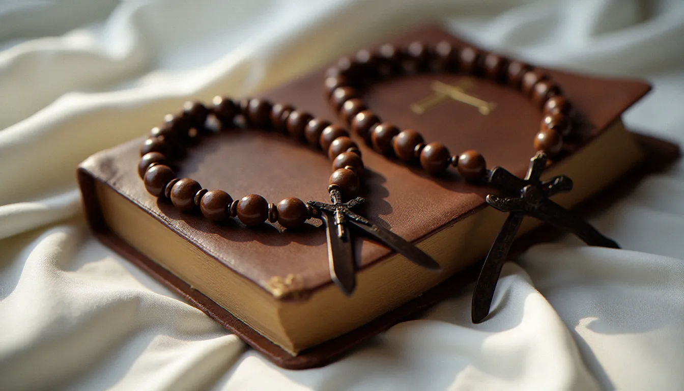 Scapulaires bruns et chapelet en bois posés sur une Bible en cuir usé avec une croix dorée en relief, évoquant les engagements spirituels des confréries mariales