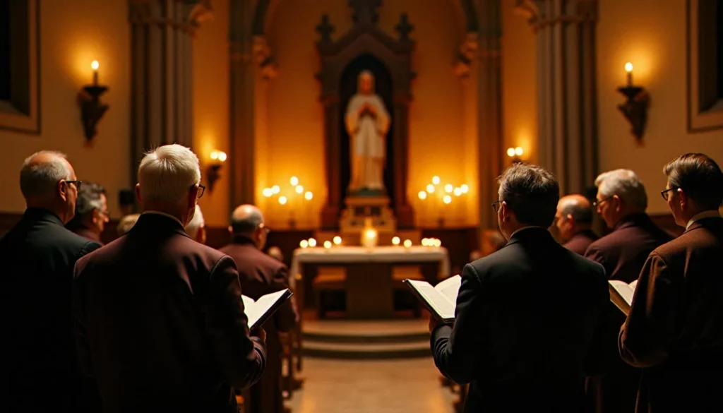 Membres d'une confrérie réunis en prière devant une statue de la Vierge Marie dans une église médiévale en pierre, tenant des chapelets et des livres de prière à la lueur des bougies