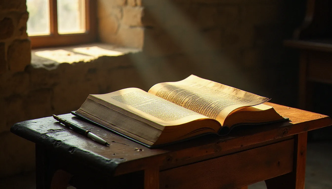 Manuscrit médiéval enluminé ouvert dans un scriptorium monastique baigné de lumière dorée, évoquant les écrits des grands mystiques chrétiens sur la connaissance de soi