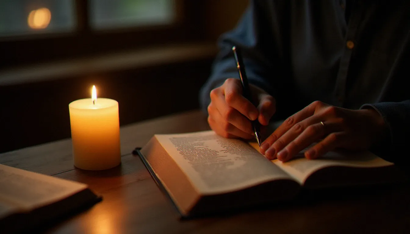 Des mains tenant une plume au-dessus d'un journal spirituel à la lumière d'une bougie, pratique quotidienne de la connaissance de soi recommandée par les maîtres spirituels chrétiens