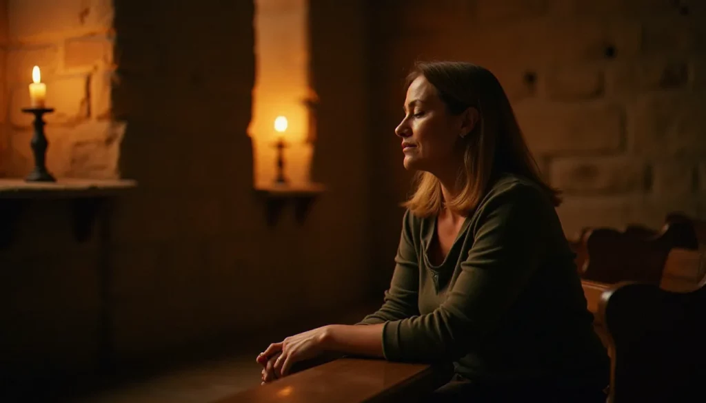 Une femme en prière silencieuse dans une chapelle en pierre éclairée à la bougie, illustrant le chemin de la connaissance de soi dans la vie spirituelle chrétienne