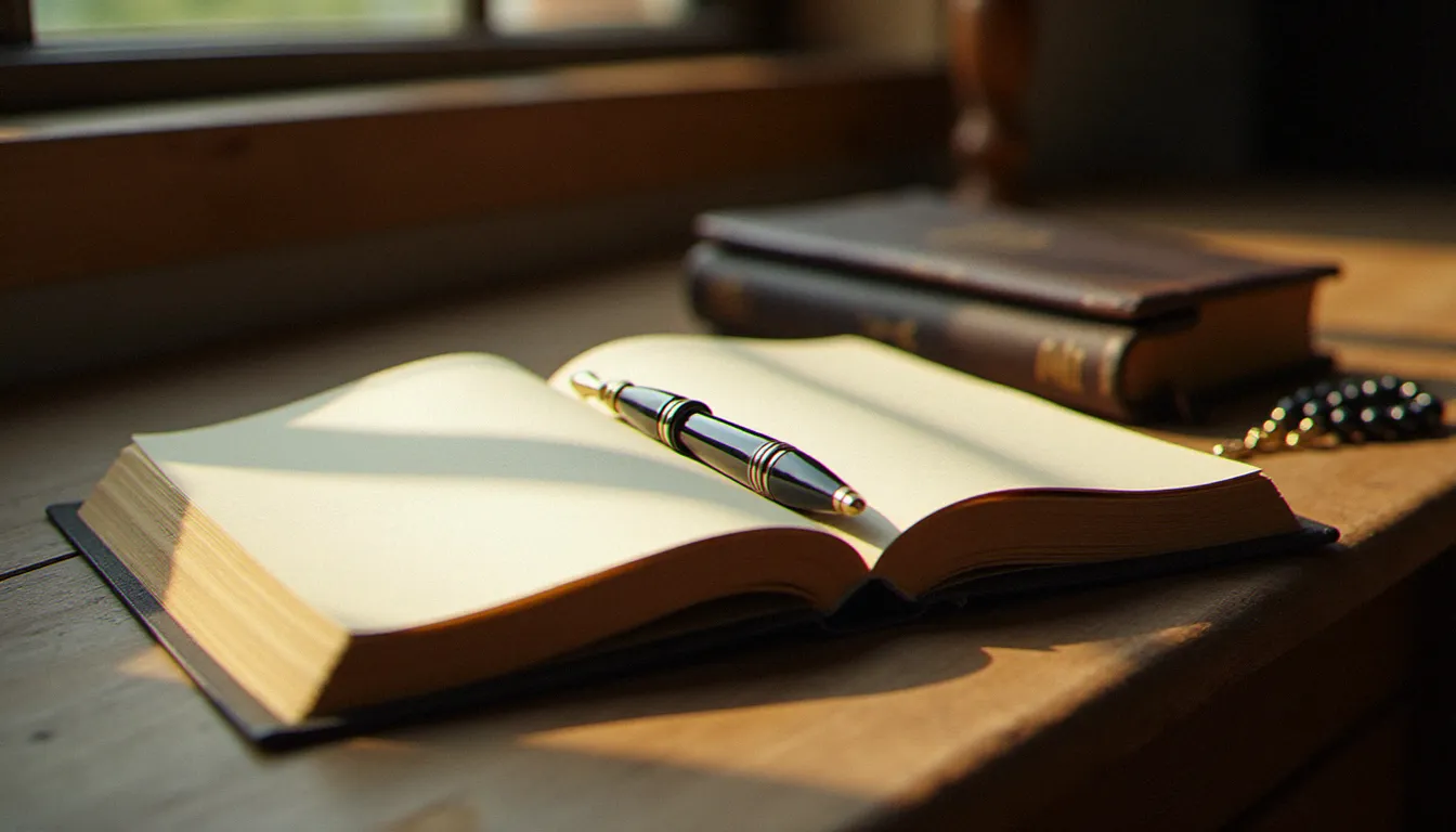 Journal spirituel ouvert avec un chapelet et une Bible posés sur un bureau en bois, symboles de l'examen de conscience et du travail intérieur quotidien