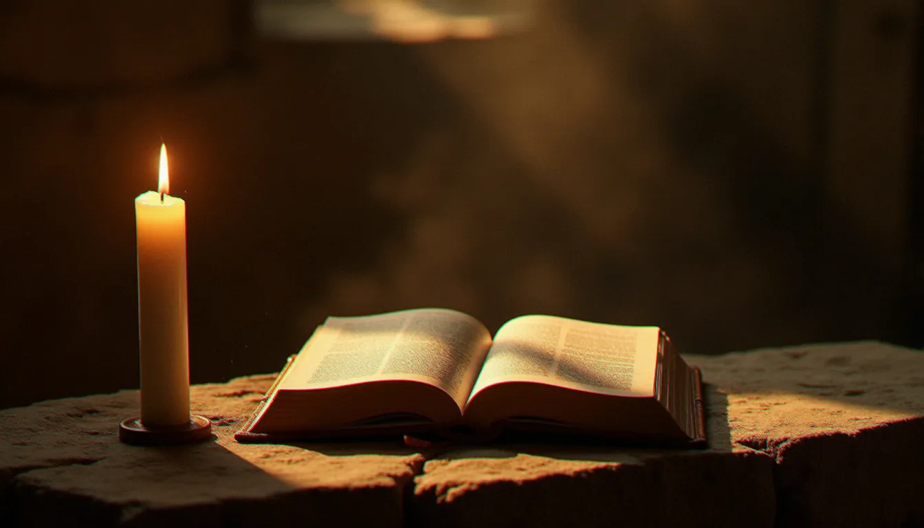 Une bougie blanche allumée devant une Bible ancienne sur un autel de pierre dans une église romane, évoquant la formation de la conscience par la Parole de Dieu et la prière contemplative