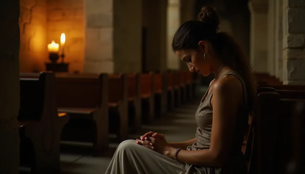 Une femme en prière silencieuse dans une chapelle romane en pierre éclairée par des bougies, illustrant l'appel intérieur de la conscience dans la vie spirituelle chrétienne