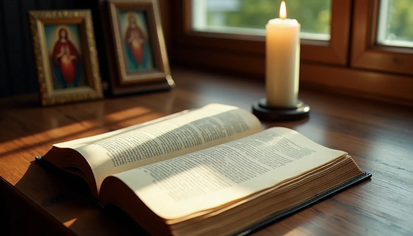 Livre de prières ancien ouvert sur une table en bois, avec une image du Sacré-Cœur encadrée et une bougie allumée, évoquant la préparation à la consécration