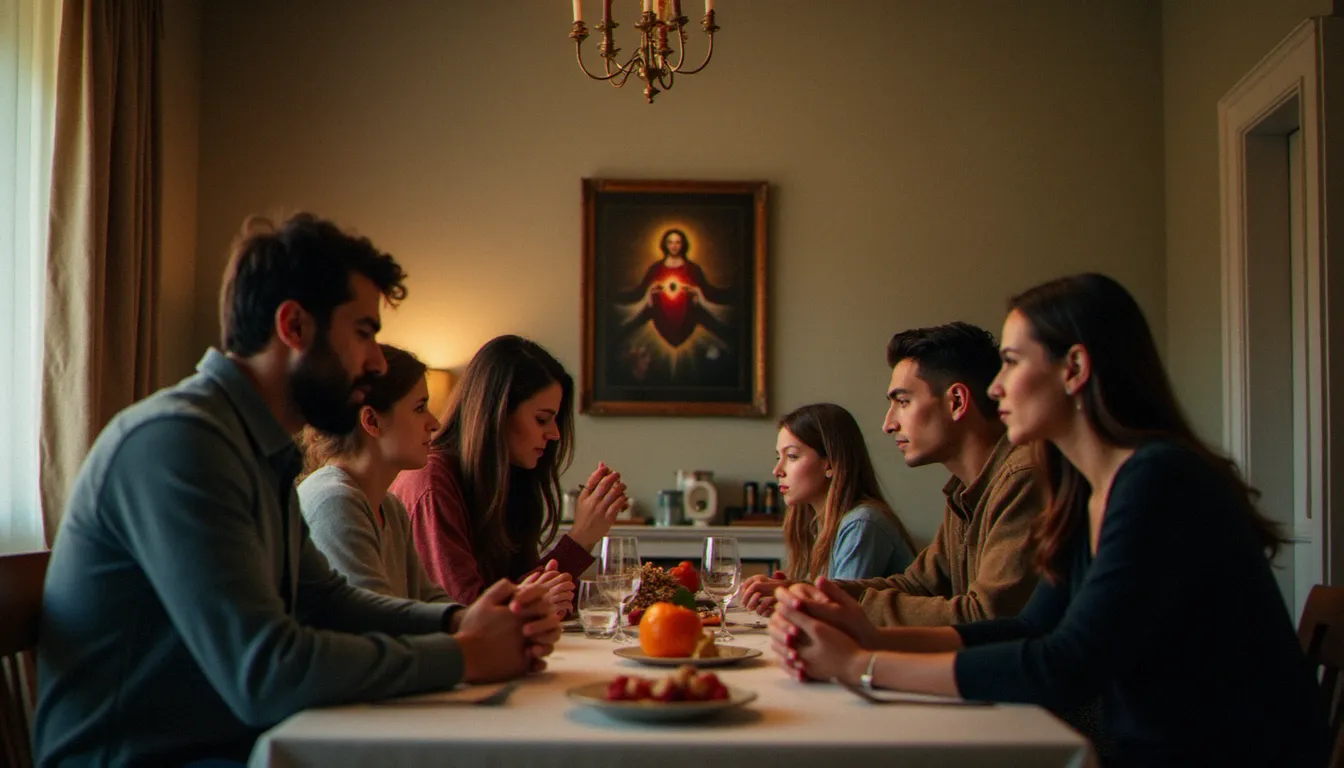 Famille réunie en prière dans un foyer français avec une image du Sacré-Cœur au mur, illustrant la consécration familiale au Sacré-Cœur de Jésus