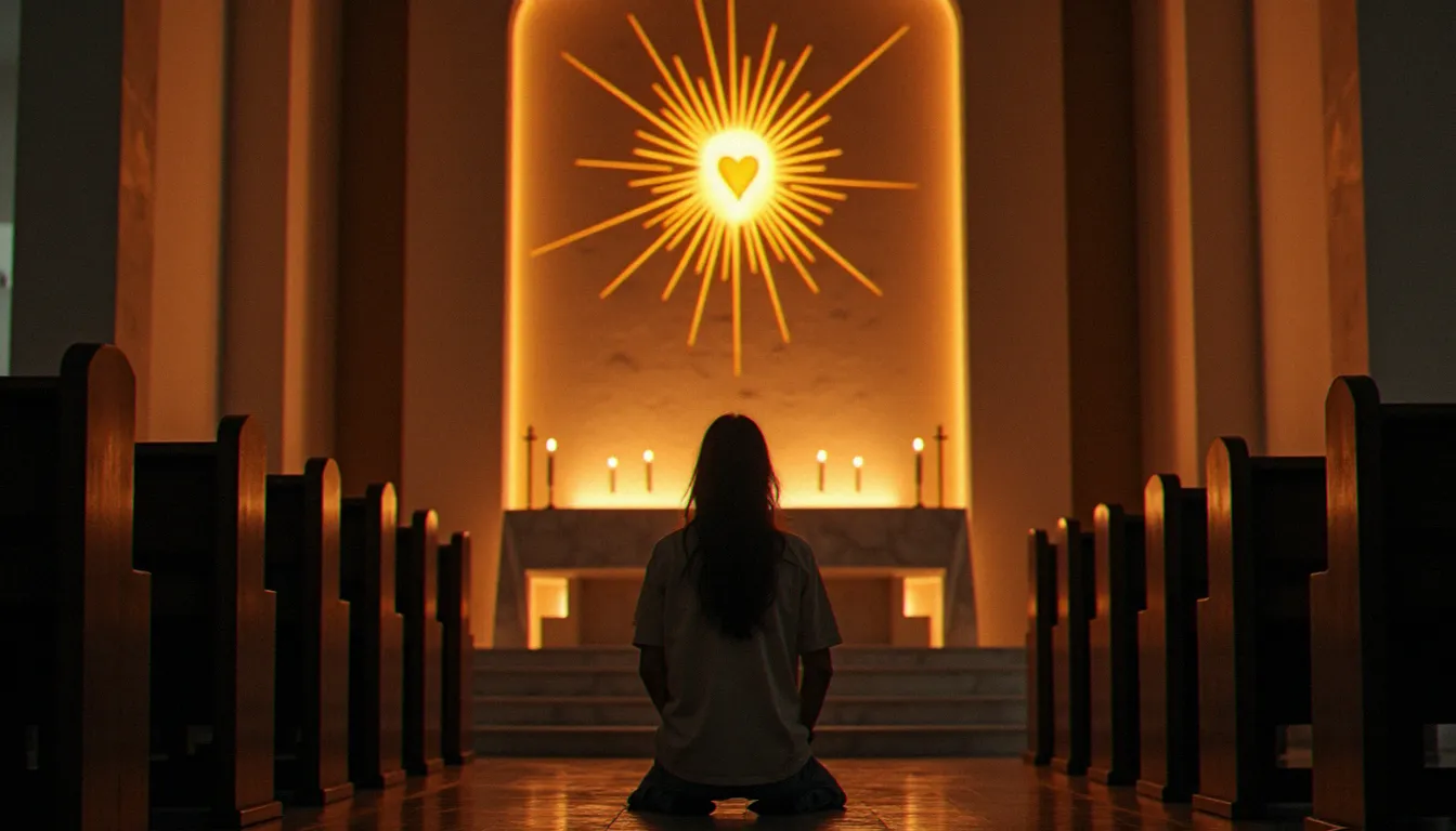 Personne agenouillée en acte de consécration personnelle au Sacré-Cœur de Jésus devant une statue illuminée dans une chapelle