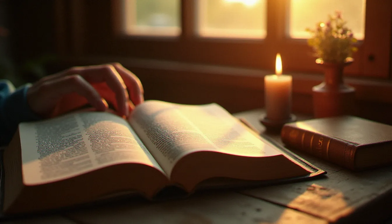 Bible et bréviaire ouverts côte à côte sur un bureau en bois à l'aube avec une bougie allumée, cadre propice à la lectio divina et à l'entrée dans la contemplation quotidienne