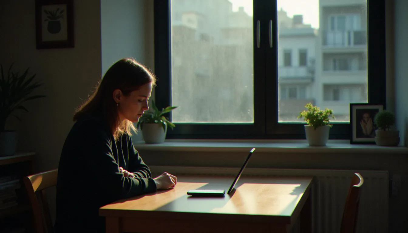 Personne cherchant à se recueillir dans un appartement contemporain, téléphone retourné sur la table, symbolisant la difficulté de la contemplation dans un environnement moderne saturé de sollicitations et de bruit