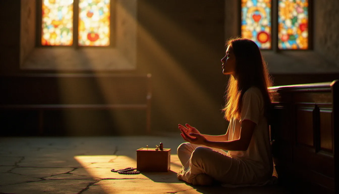 Femme en état de contemplation silencieuse dans une chapelle médiévale en pierre, lumière dorée du matin filtrant par les vitraux colorés, illustrant la contemplation chrétienne dans sa dimension la plus apaisante