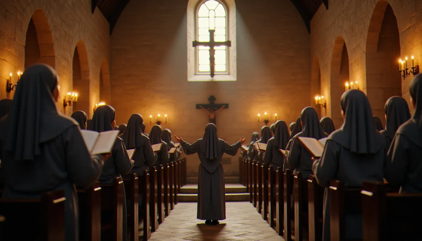 Intérieur d'une chapelle de couvent pendant l'office des Laudes, une communauté de religieuses chantant en stalle à la lumière des bougies