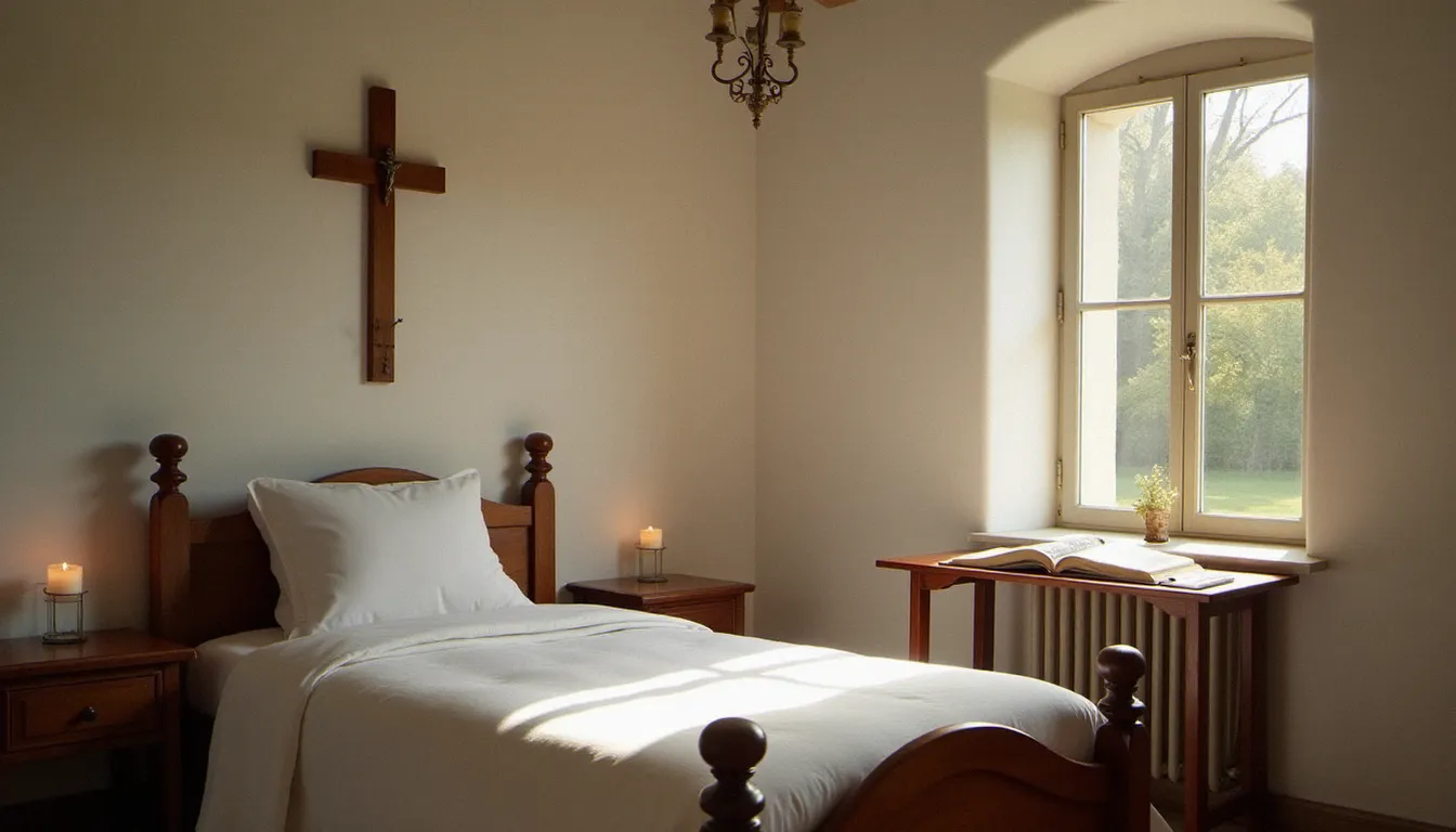 Chambre sobre d'un couvent aménagée pour les retraites spirituelles, avec un bureau, une Bible ouverte et une fenêtre donnant sur le jardin monastique