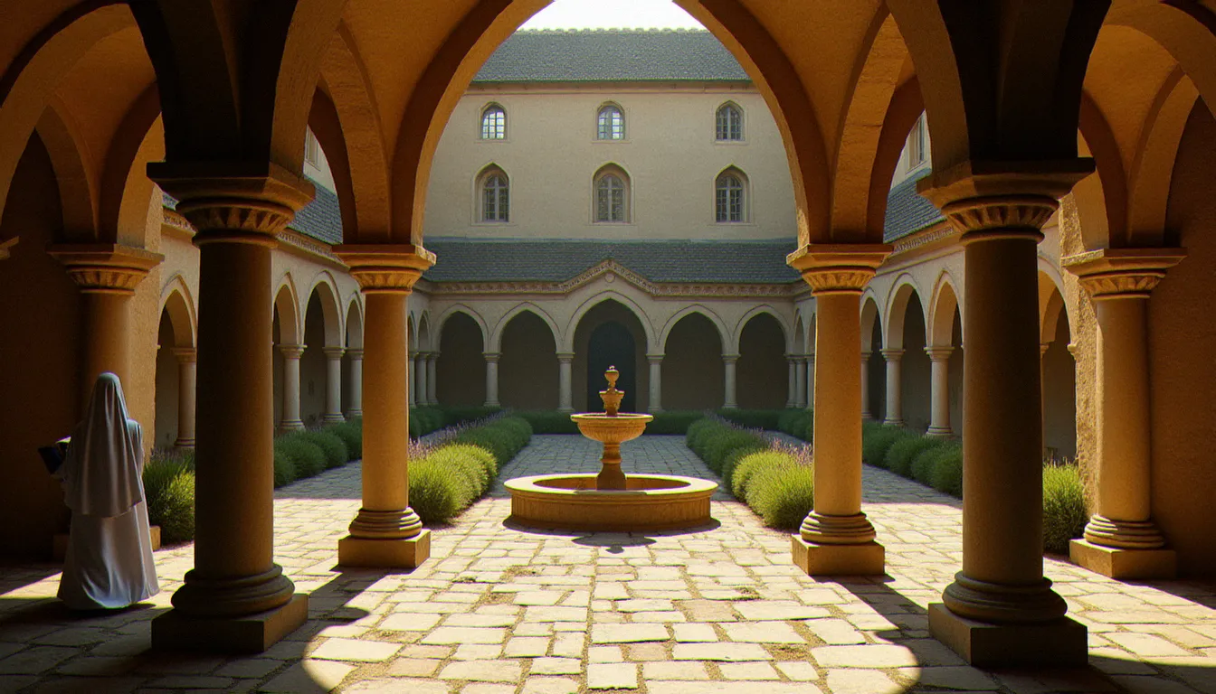 Cloître d'un couvent médiéval français baigné de lumière matinale, avec une religieuse marchant sous les arcades de pierre