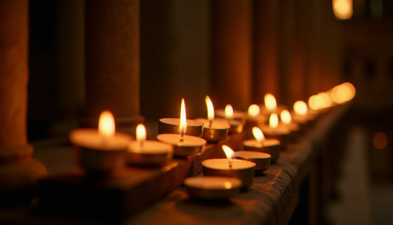 Une rangée de bougies votives allumées les unes aux autres dans une église en pierre ancienne, symbole de la transmission mémorielle de la foi au cœur du concept de Danièle Hervieu-Léger