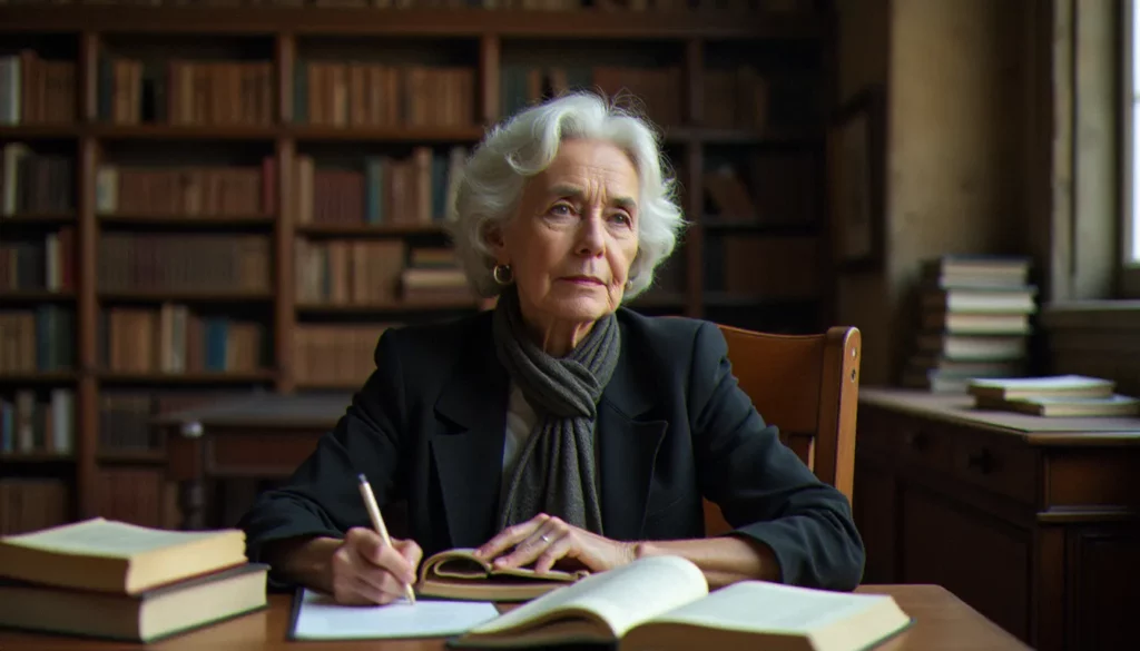Une intellectuelle assise à son bureau dans une bibliothèque universitaire parisienne entourée d'ouvrages de sociologie des religions, évoquant l'univers de recherche de Danièle Hervieu-Léger