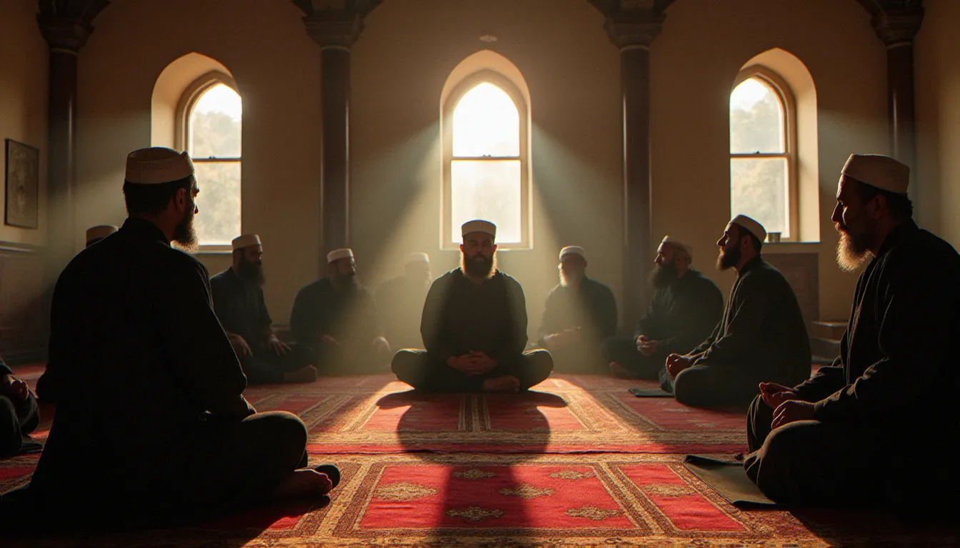 Groupe de soufis en méditation silencieuse dans un tekke traditionnel, illustrant la pratique contemplative collective au cœur de la voie des derviches