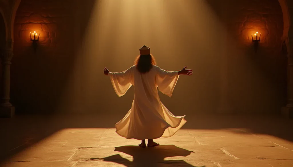 Un derviche en robe blanche effectuant la danse rituelle du Sema dans une salle de pierre éclairée à la bougie, incarnant la pratique spirituelle soufie