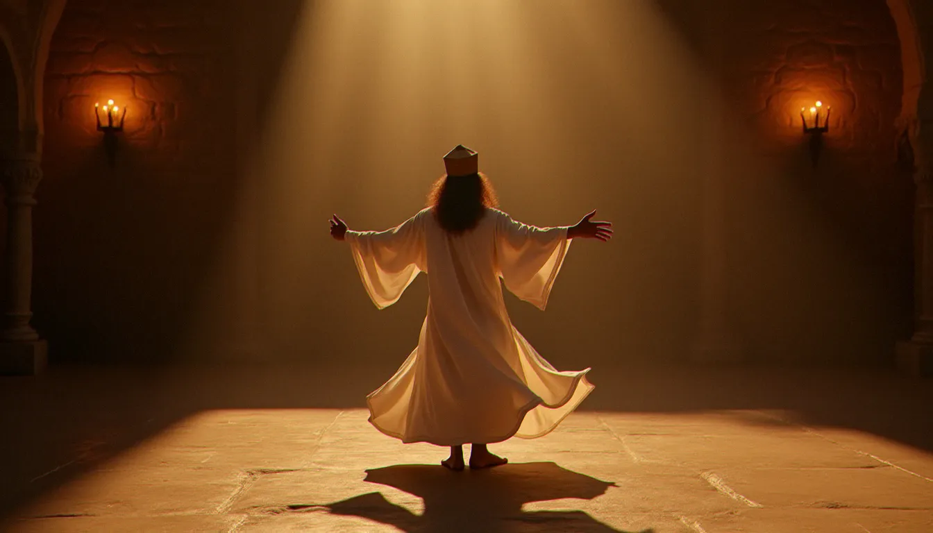 Un derviche en robe blanche effectuant la danse rituelle du Sema dans une salle de pierre éclairée à la bougie, incarnant la pratique spirituelle soufie