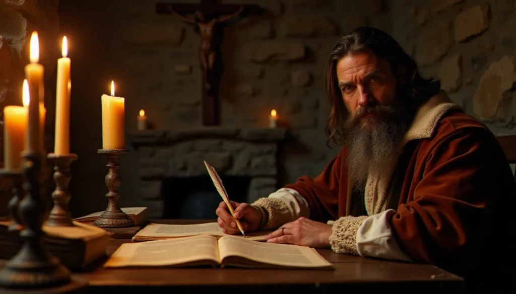 Portrait d'un philosophe du XVIIe siècle à sa table de travail éclairée à la bougie, entouré de manuscrits et d'un crucifix, dans l'atmosphère contemplative de Descartes rédigeant ses Méditations métaphysiques