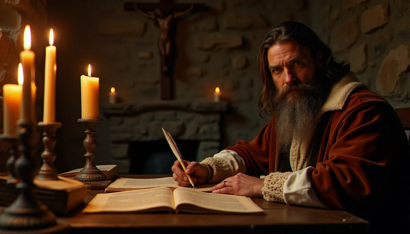 Portrait d'un philosophe du XVIIe siècle à sa table de travail éclairée à la bougie, entouré de manuscrits et d'un crucifix, dans l'atmosphère contemplative de Descartes rédigeant ses Méditations métaphysiques
