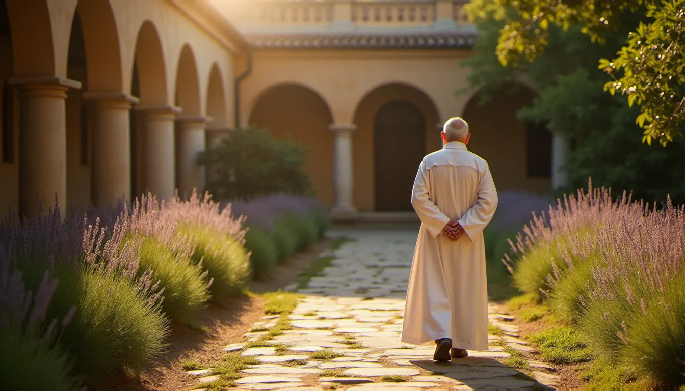 Moine dominicain en prière marchante dans un cloître fleuri, symbole du dialogue avec Dieu cultivé au quotidien dans le silence