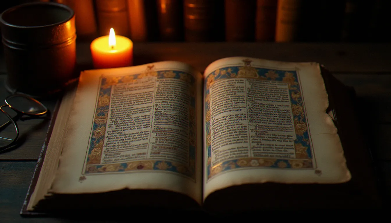 Manuscrit enluminé médiéval ouvert à la lumière d'un cierge, évoquant le dialogue des mystiques avec la Parole et la tradition spirituelle