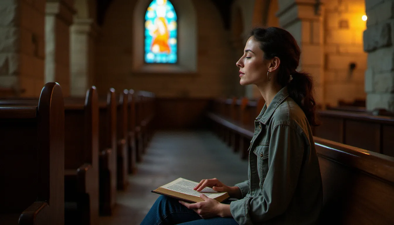 Femme en prière silencieuse dans une chapelle de pierre ancienne, incarnant le dialogue intérieur et contemplatif avec Dieu