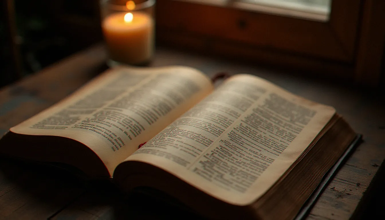 Bible ancienne ouverte à la lumière d'une bougie sur une table en bois, symbolisant la révélation de Dieu à travers les Écritures