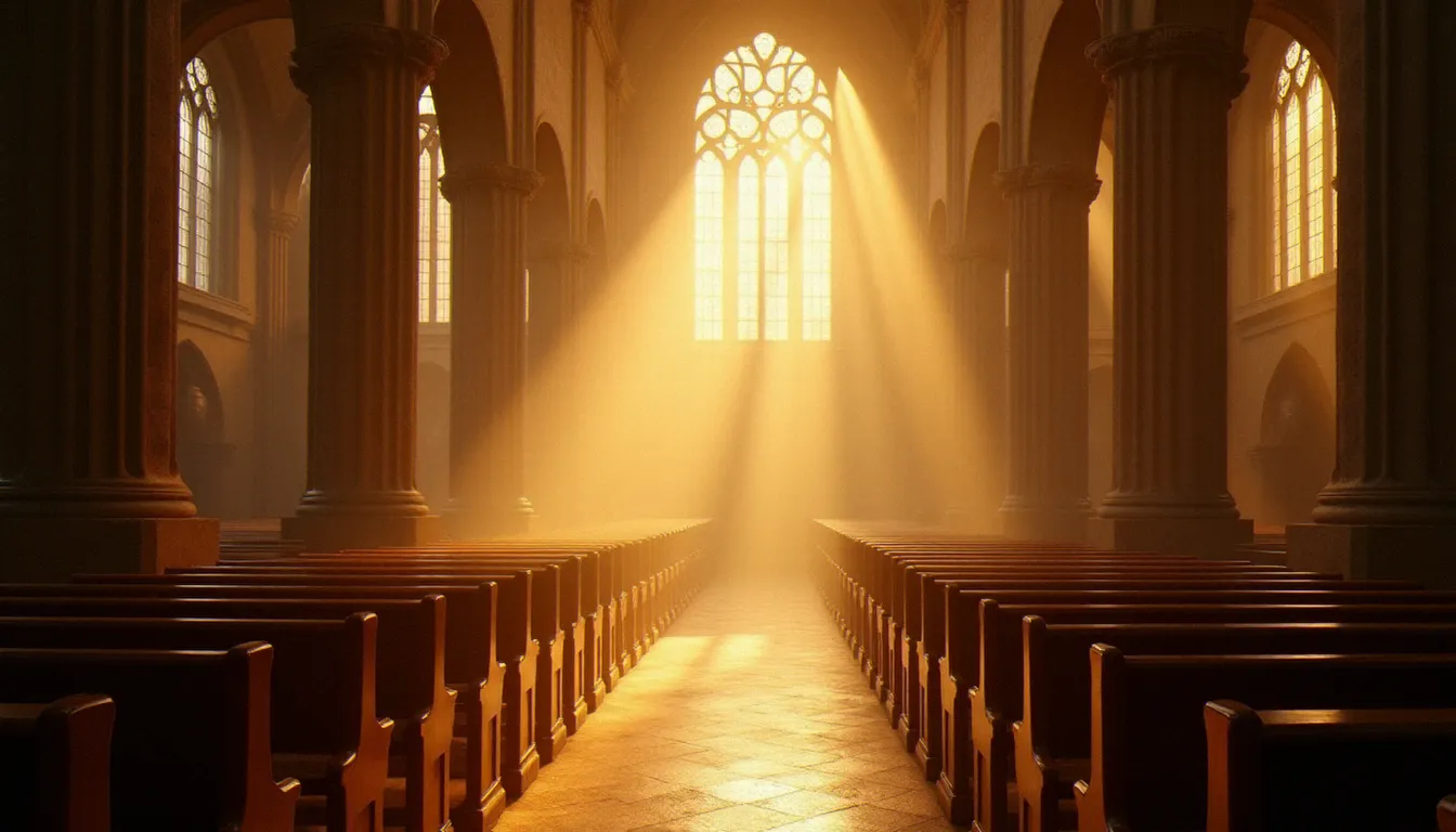 Lumière dorée traversant les vitraux d'une cathédrale ancienne, évoquant la présence de Dieu dans un espace de prière contemplatif