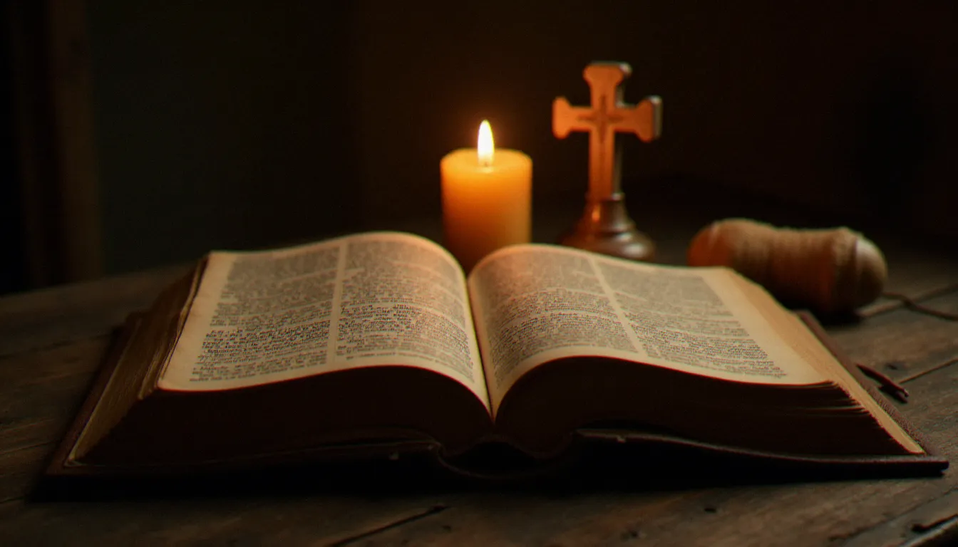 Une Bible ancienne ouverte sur une table en bois à la lueur d'une bougie, évoquant la lectio divina pratiquée par le disciple chrétien