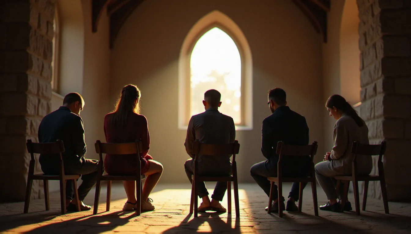 Un petit groupe en prière dans une chapelle de pierre, illustrant la dimension communautaire de la vie discipulaire chrétienne contemporaine