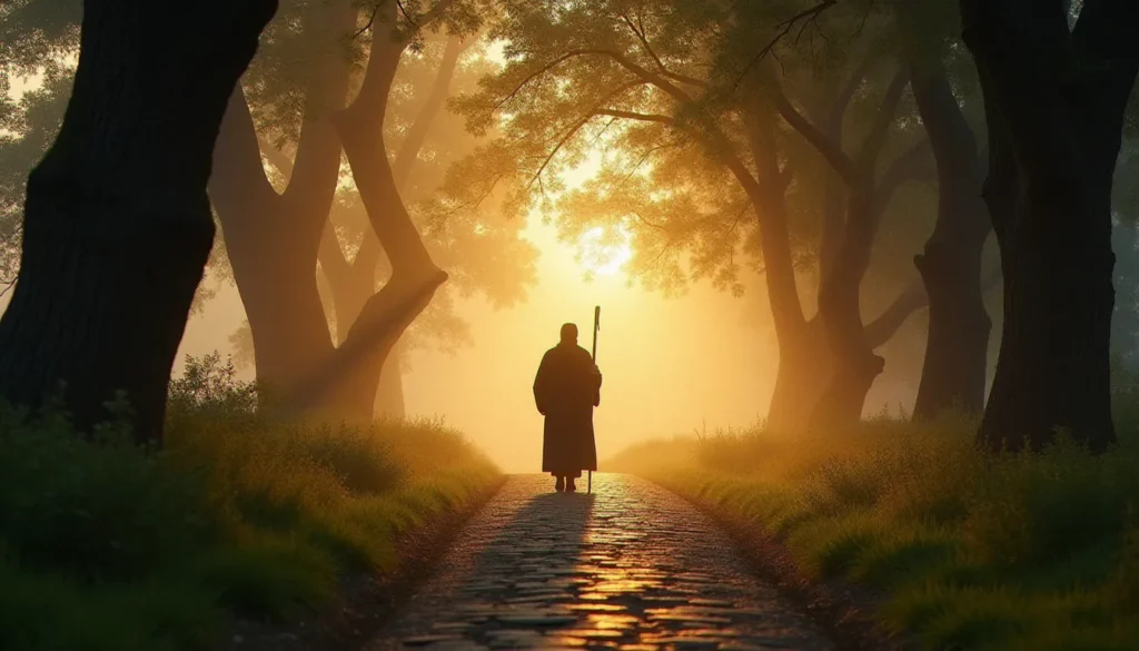 Un pèlerin marchant seul sur un chemin de pierre en forêt à l'aube, illustrant le chemin du disciple dans la vie spirituelle chrétienne