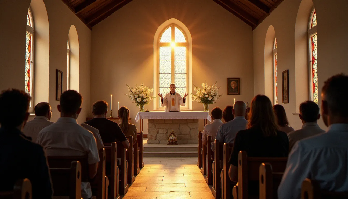 Pèlerins en prière du rosaire à l'aube dans une chapelle de pèlerinage française, ambiance recueillie avant le départ des étapes
