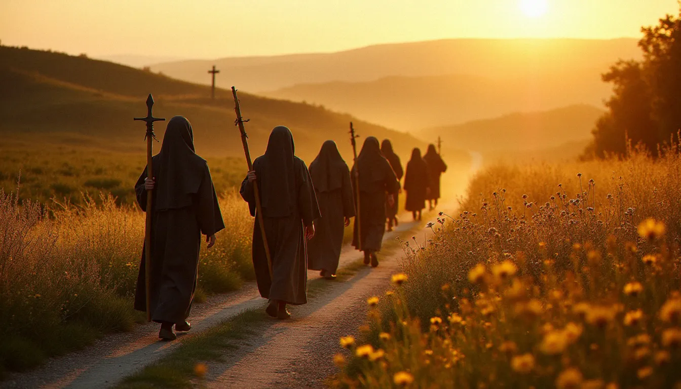 Groupe de pèlerins marchant en silence sur un chemin de campagne française lors d'un pèlerinage de l'Étoile Notre-Dame en 2018, lumière dorée de fin de journée