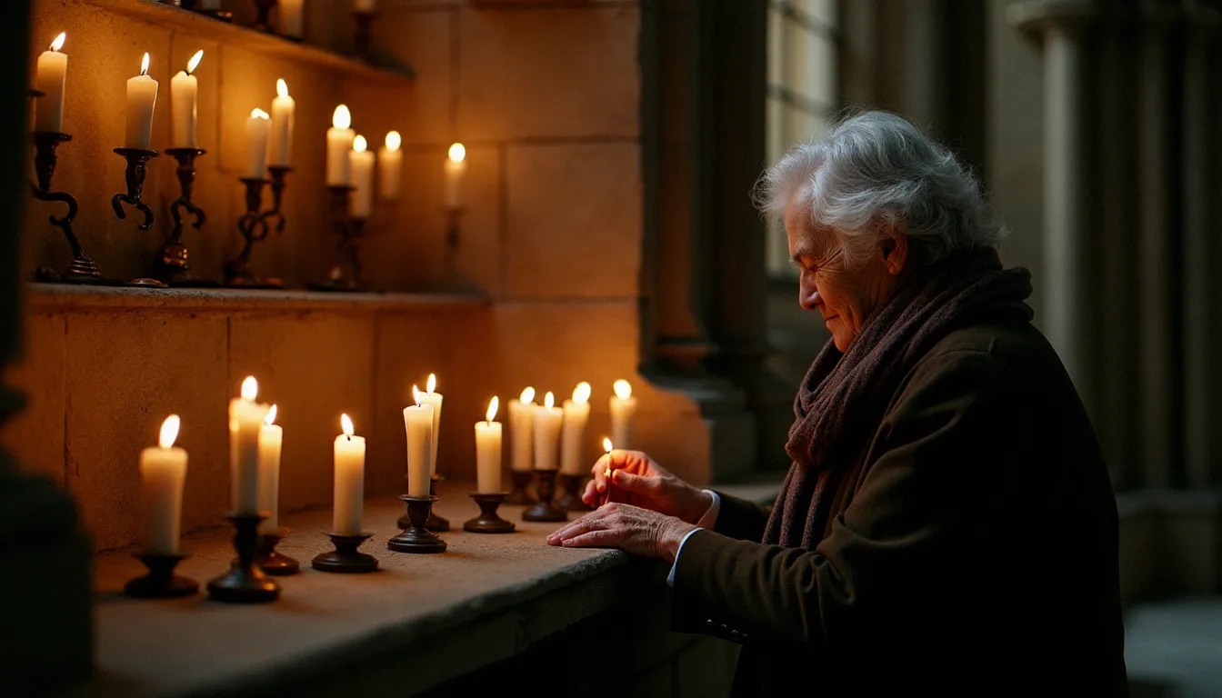 Fidèle allumant un cierge votif dans une chapelle latérale de la basilique de Saint-Denis, geste de prière personnelle et de recueillement