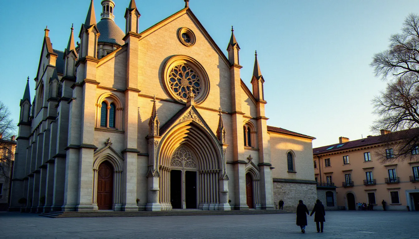 Façade gothique de la basilique de Saint-Denis à l'aube avec des pèlerins se dirigeant vers l'entrée pour assister à la prière du matin