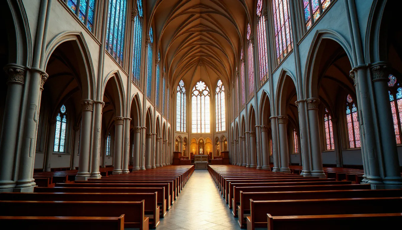 Intérieur de la basilique cathédrale de Saint-Denis baigné de lumière colorée à travers les vitraux gothiques, lieu emblématique pour l'horaire de prière à Saint-Denis
