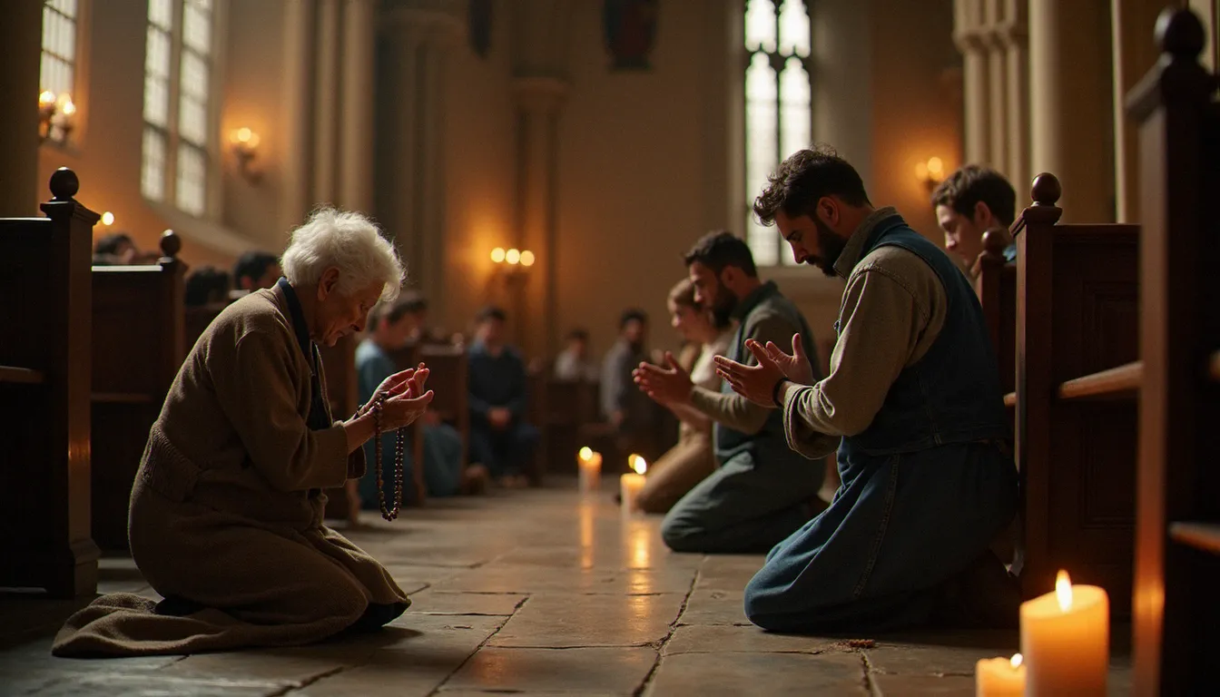 Fidèles agenouillés en prière dans la cathédrale de Saint-Denis, cierges votifs allumés et atmosphère recueillie lors de la messe quotidienne de semaine