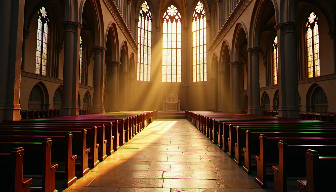 Nef gothique de la basilique cathédrale de Saint-Denis baignée d'une lumière dorée matinale, bancs vides et piliers en pierre, lieu emblématique de l'horaire de prière à Saint-Denis