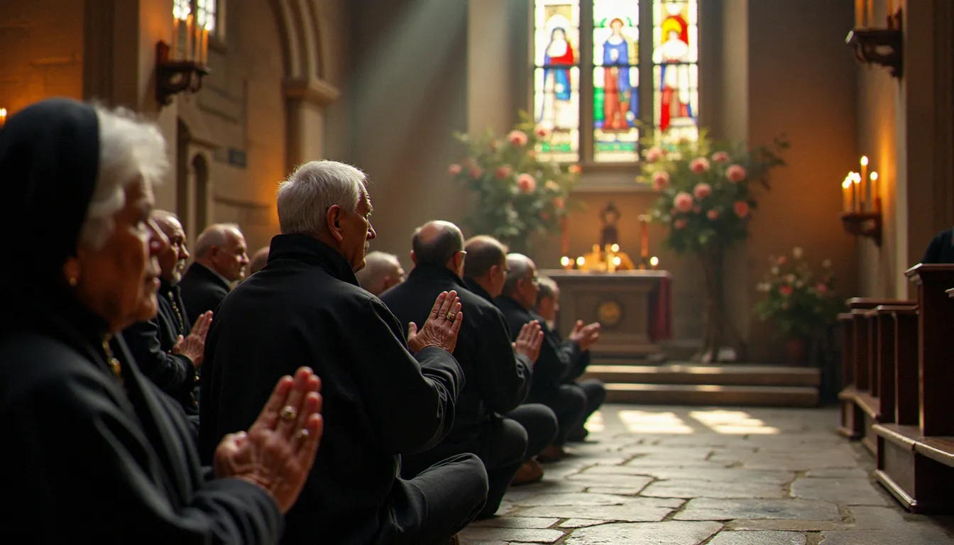 Des pèlerins agenouillés en prière avec leurs chapelets devant un autel marial fleuri dans une église de pierre, lumière tamisée de vitraux