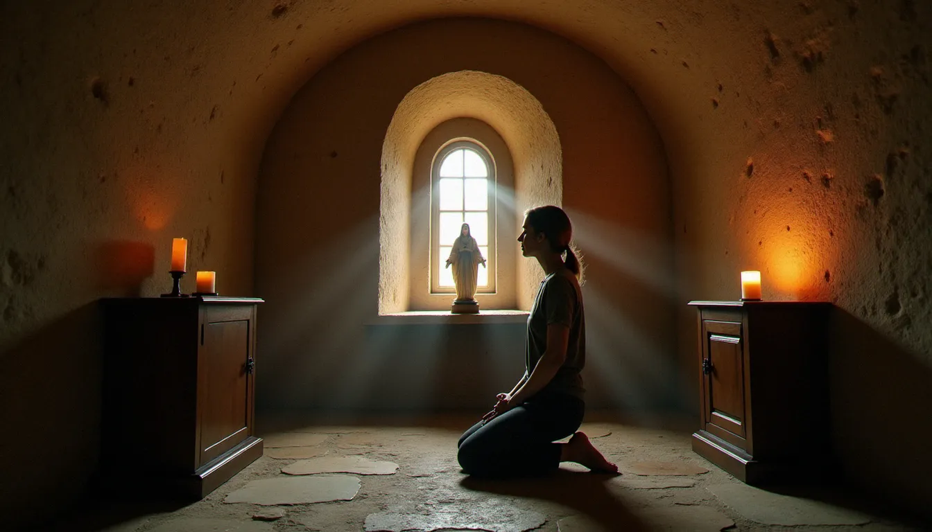 Une femme en prière silencieuse et recueillie devant une statue de la Vierge dans une chapelle rustique au lever du jour, lumière matinale et bougie allumée