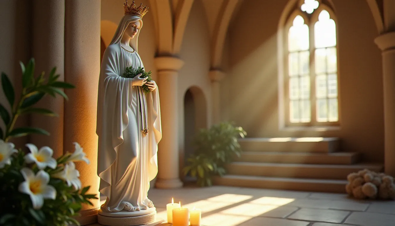 Statue de Marie Reine de la Paix couronnée d'or tenant un rameau d'olivier dans une chapelle de pierre romane baignée de lumière dorée