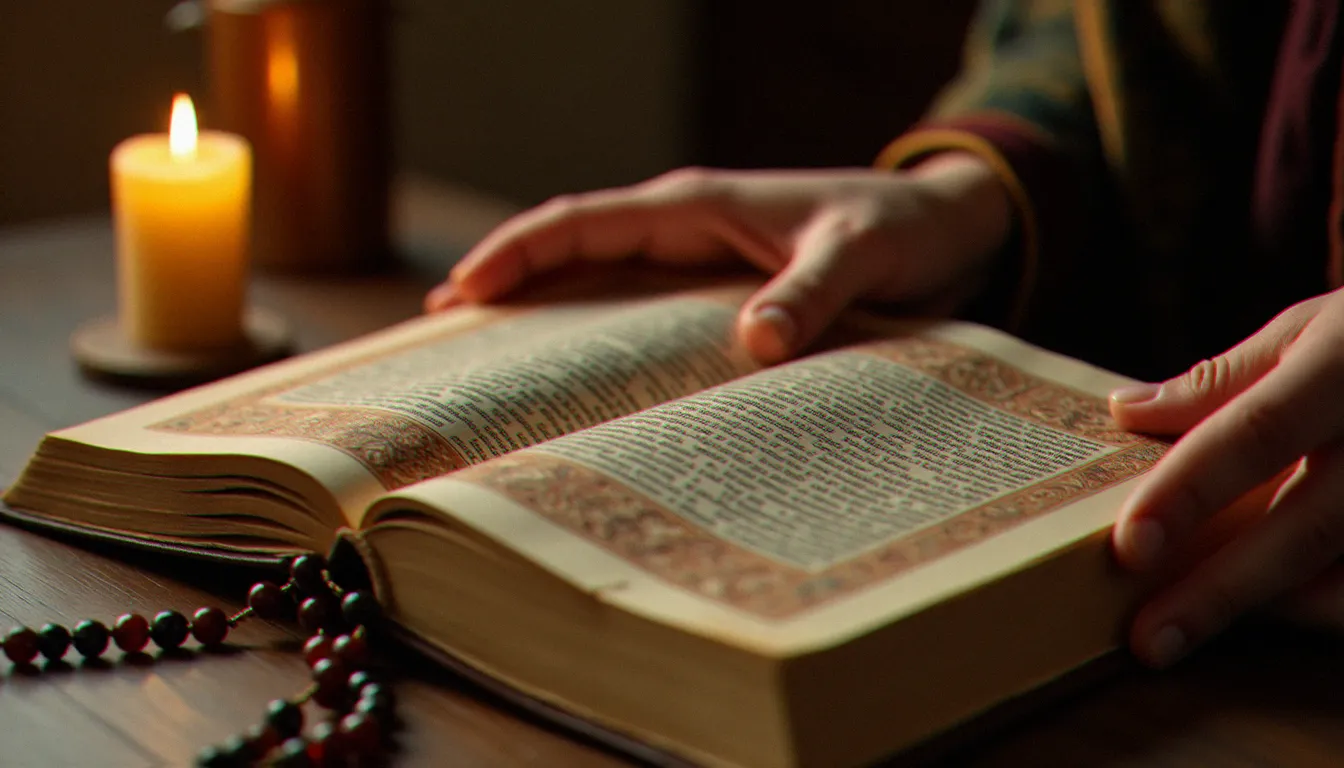 Mains feuilletant un manuscrit enluminé à la lueur d'une bougie, évoquant la pratique de la lectio divina dans la tradition spirituelle chrétienne