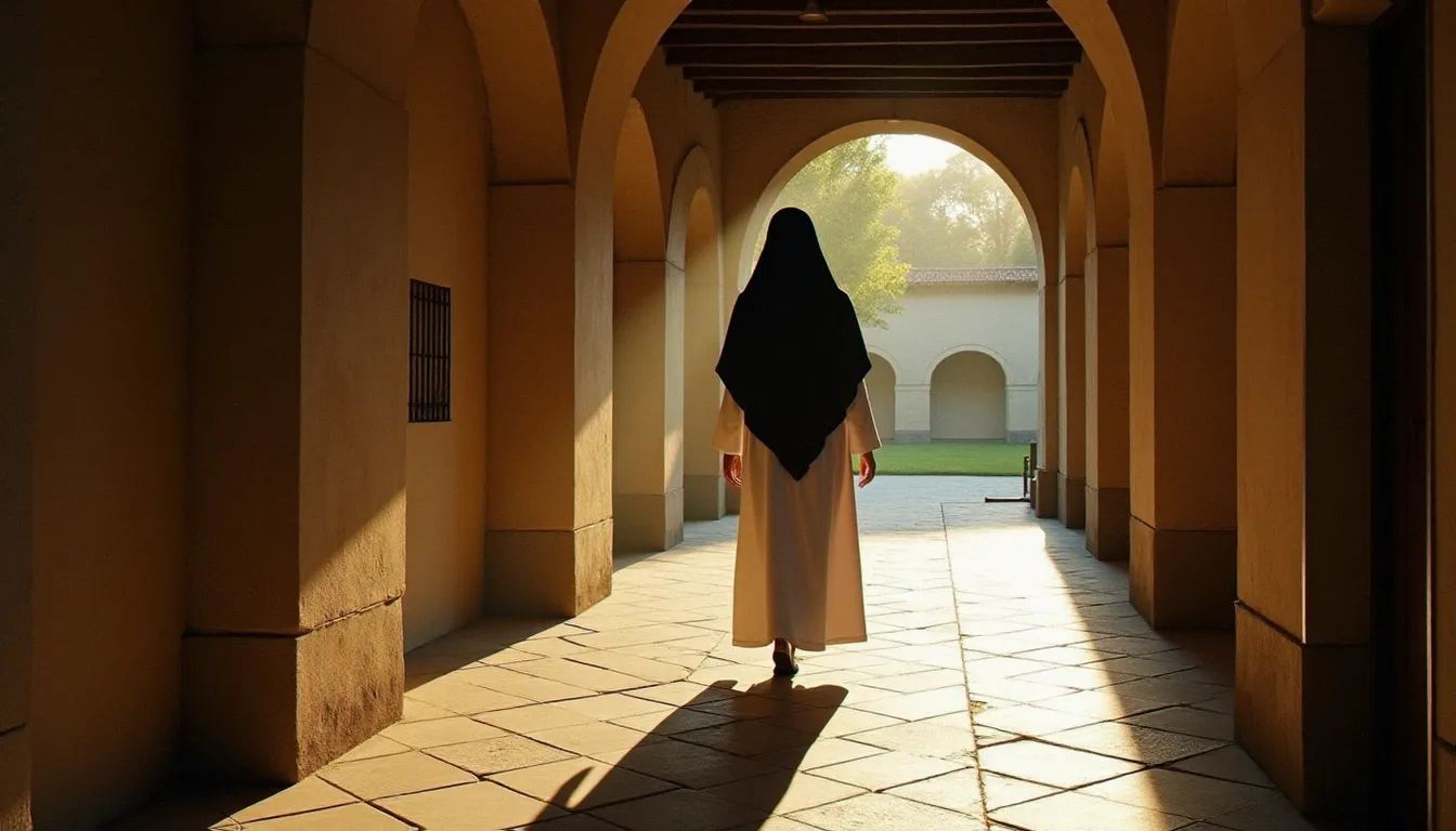 Carmélite marchant dans le cloître à l'aube, représentant les grandes écoles de vie spirituelle qui ont façonné la notion de spiritualité contemplative