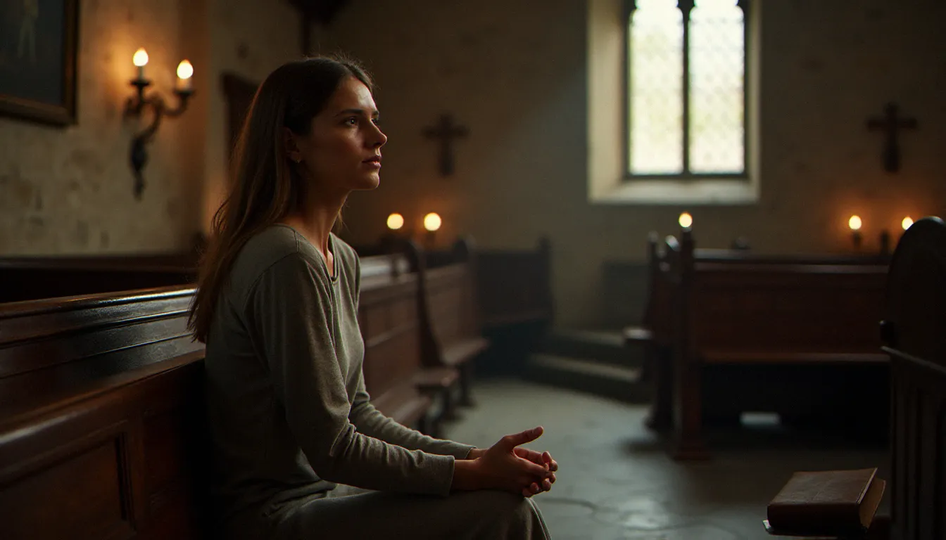 Femme en prière silencieuse dans une chapelle de pierre, illustrant la notion de spiritualité chrétienne vécue au quotidien