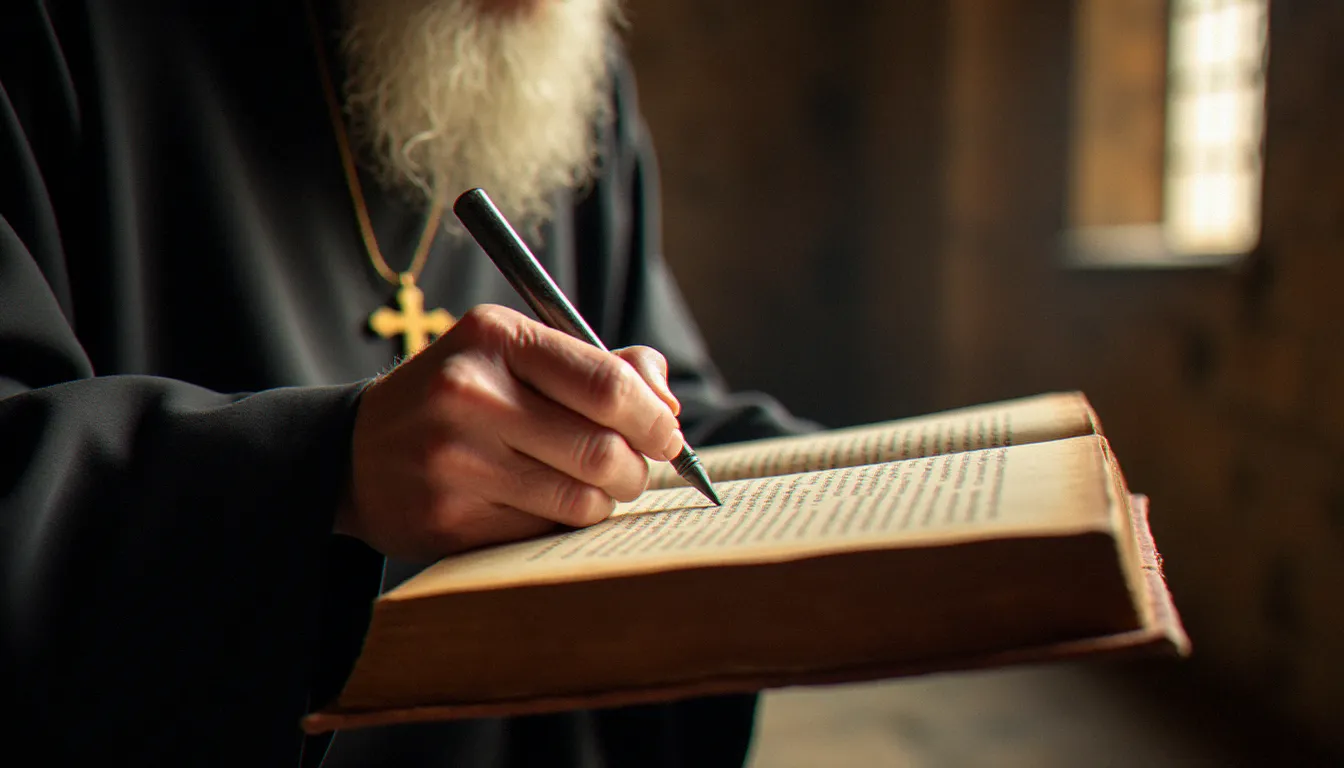 Mains d'un moine âgé suivant les lignes d'un livre liturgique latin à la lumière naturelle d'une fenêtre romane, évoquant le vocabulaire latin de la vie intérieure chrétienne