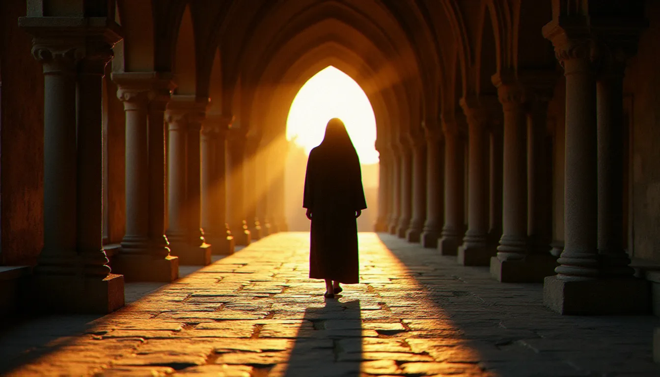 Silhouette d'une personne en habit religieux marchant en contemplation dans un cloître roman au crépuscule, symbolisant la transmission vivante de la tradition de spiritualité latine jusqu'à nos jours