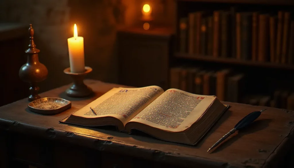 Manuscrit enluminé latin ouvert sur un pupitre de scriptorium monastique à la lueur d'une chandelle, illustrant la notion de spiritualité latine dans la tradition chrétienne